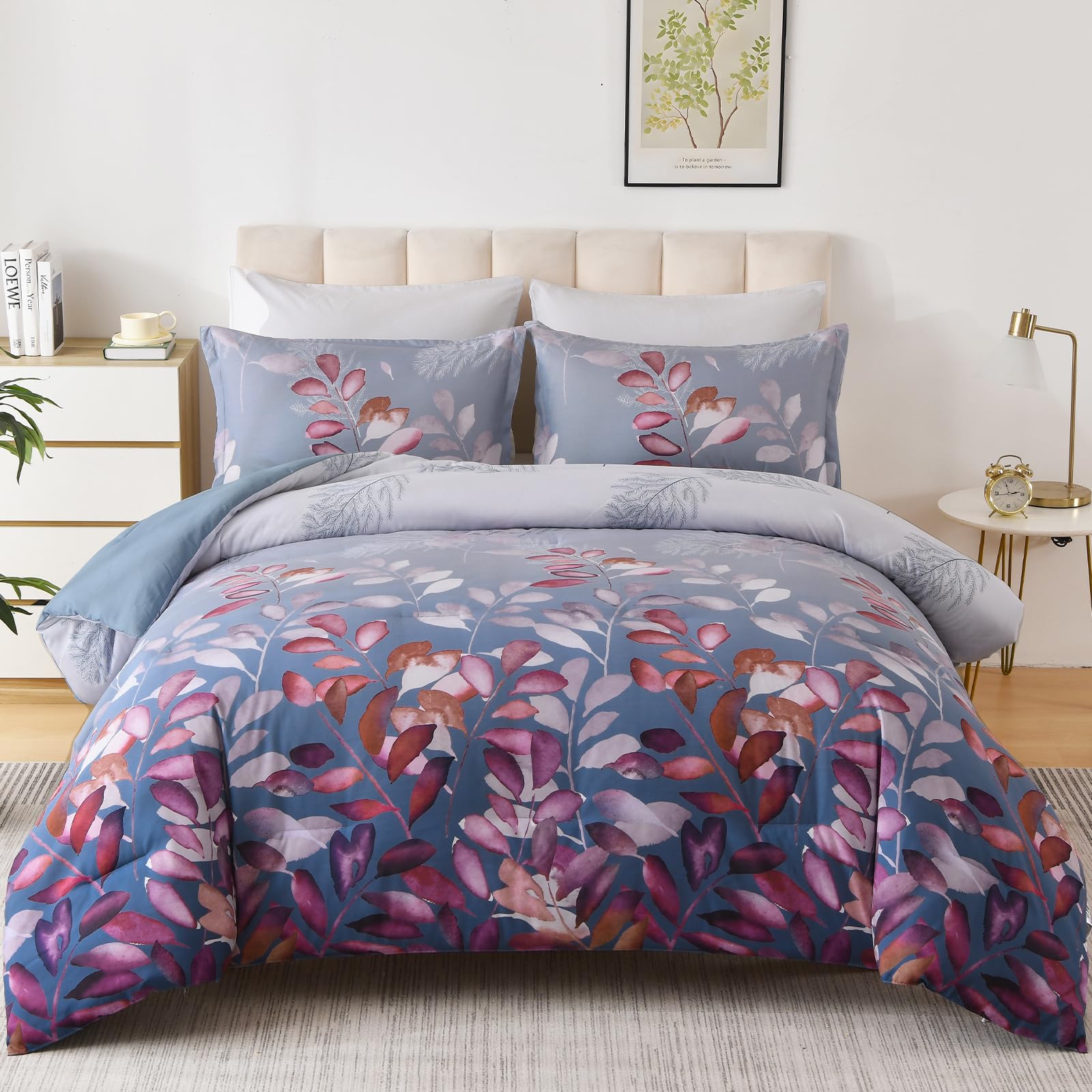 King Size Comforter Set, Blue Purple Botanical Leaves Comforter Set King, 3 Pieces Reversible Purple Floral Bed Comforter Sets Soft Microfiber Bedding Comforter Set for All Season (90"x104")