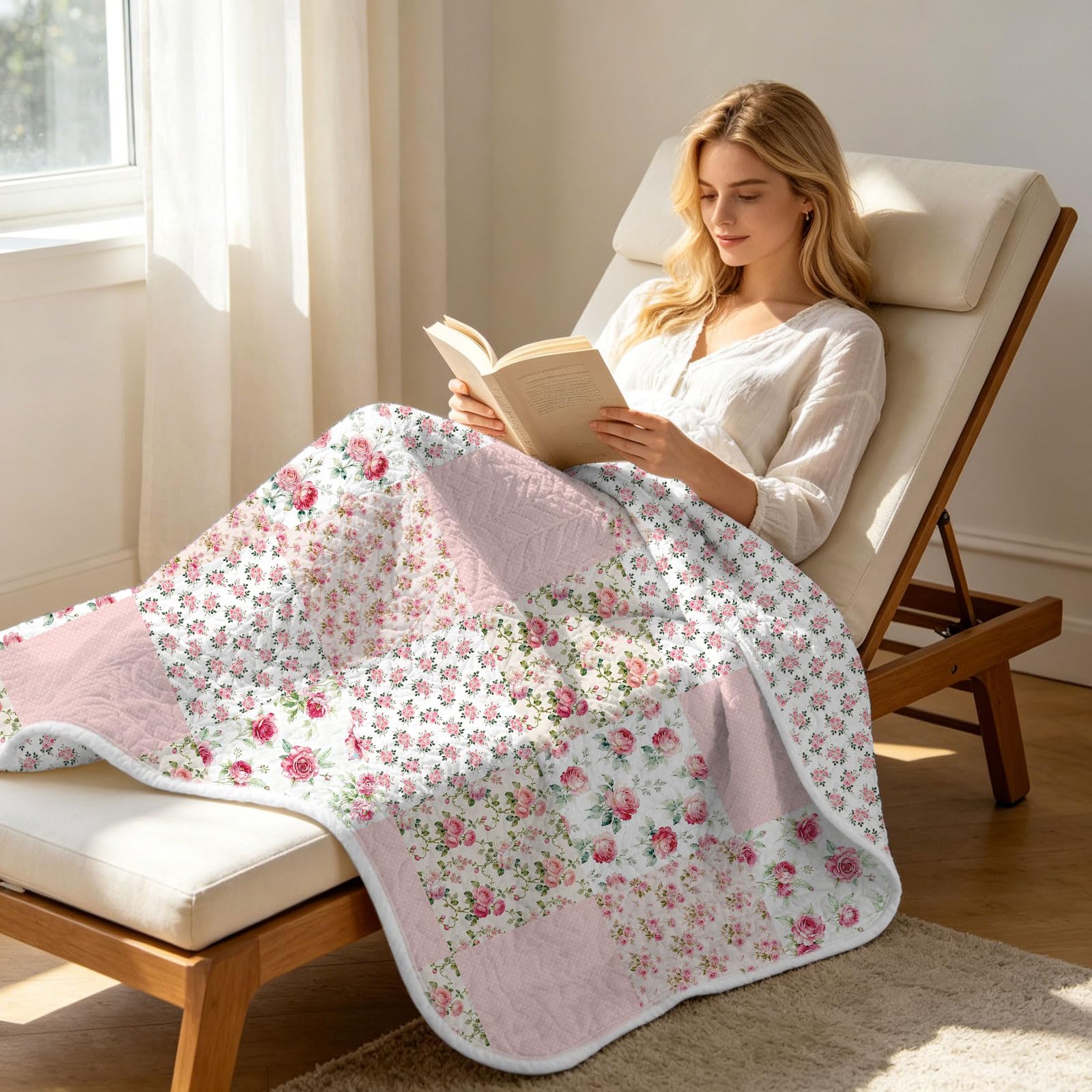 GLOBLELAND Rose Gesteppte Tagesdecke 150x130 cm rosa Blume leichte Decke Steppdecke wendbar floral Patchwork für Couch Sessel Sofa Bett Homeoffice Zimmer Geschenk