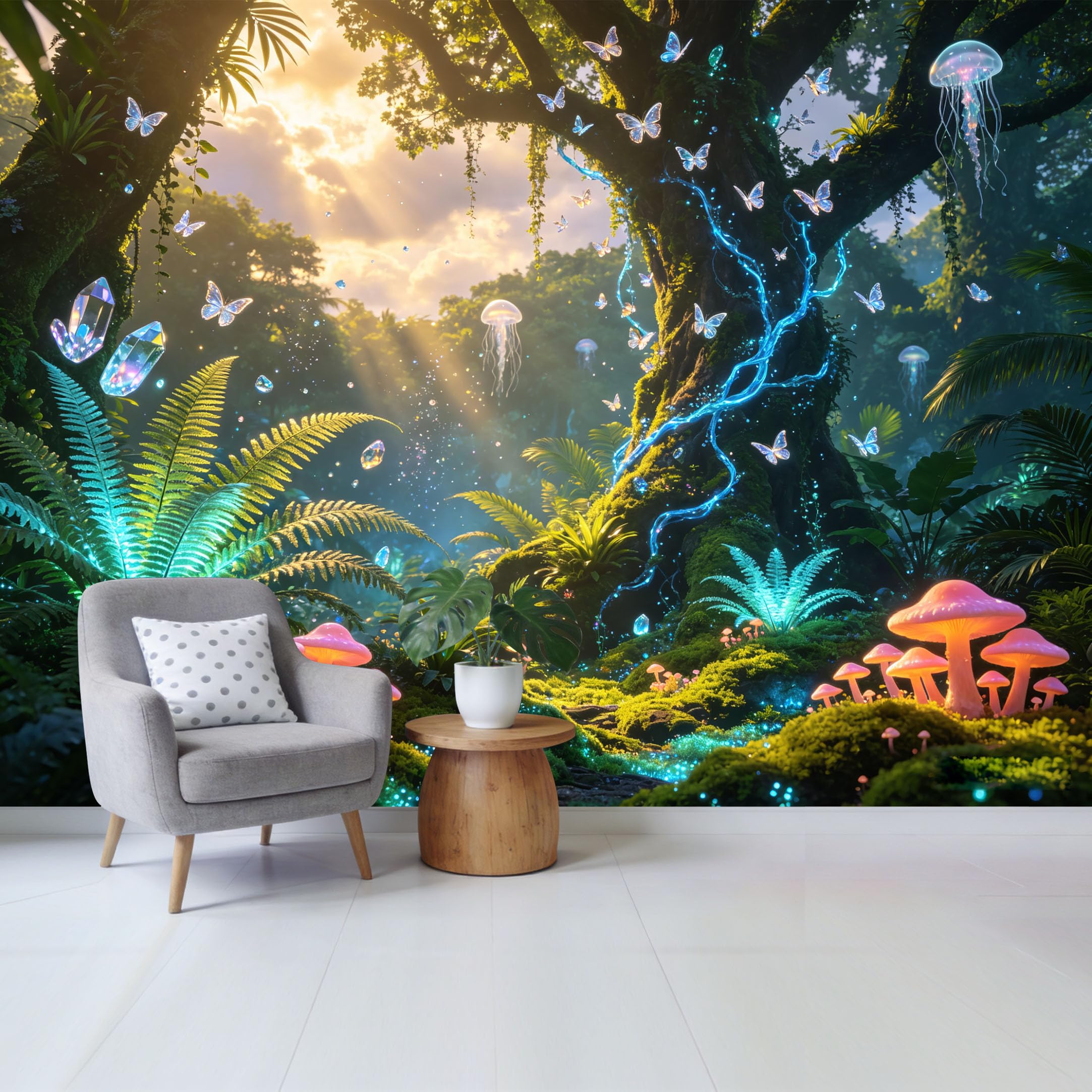 Qzlithotic Yq2605250831 Custom Size Wall Mural Enchanted Glowing Forest Butterflies Floating Jellyfish Fantasy Botanical Tropical Decor Selfadhesive Wall Fabric Removable Wallpaper For Home Office Decor
