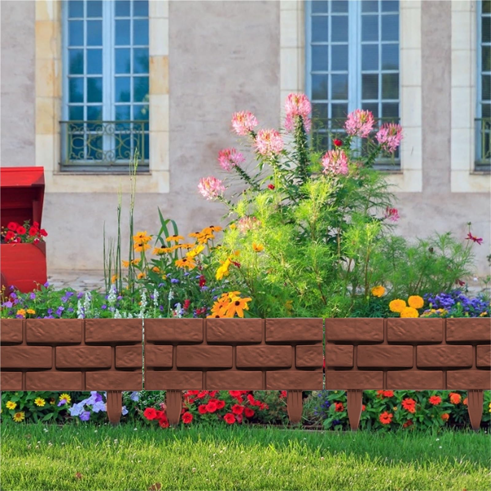Lot de 4 bordures de clôture décoratives en plastique marron pour jardin et maison
