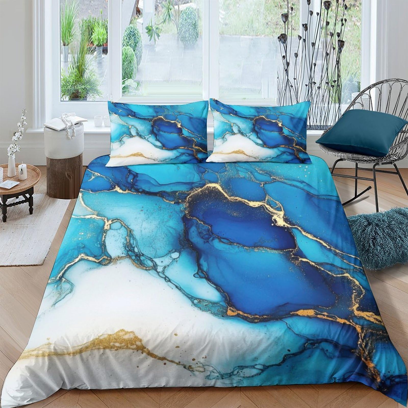GPLZQXKJNH 3D Printed Blue Agate Duvet Cover Microfiber Soft Breathable Marble Bedding Set with 2 Pillowcases for Bedroom Décor Single（135x200cm）