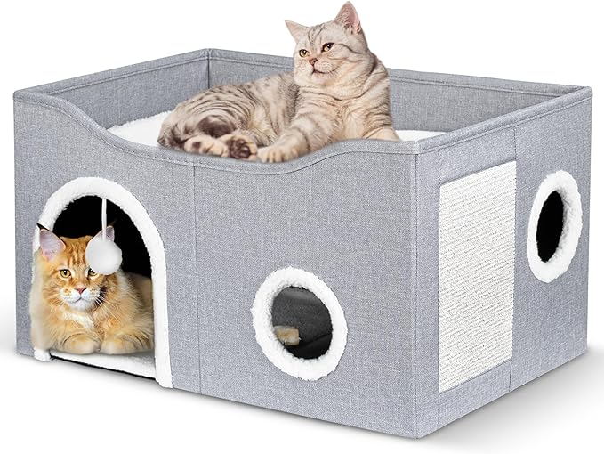 Heeyoo Cat House for Indoor Cats - Large Cat Bed Cave with Fluffy Ball and Scratch Pad, Foldable Cat Houses & Condos, Cat Cubes, Cat Hideaway, Covered Cat Bed for Multi Small Pet Large Kitty