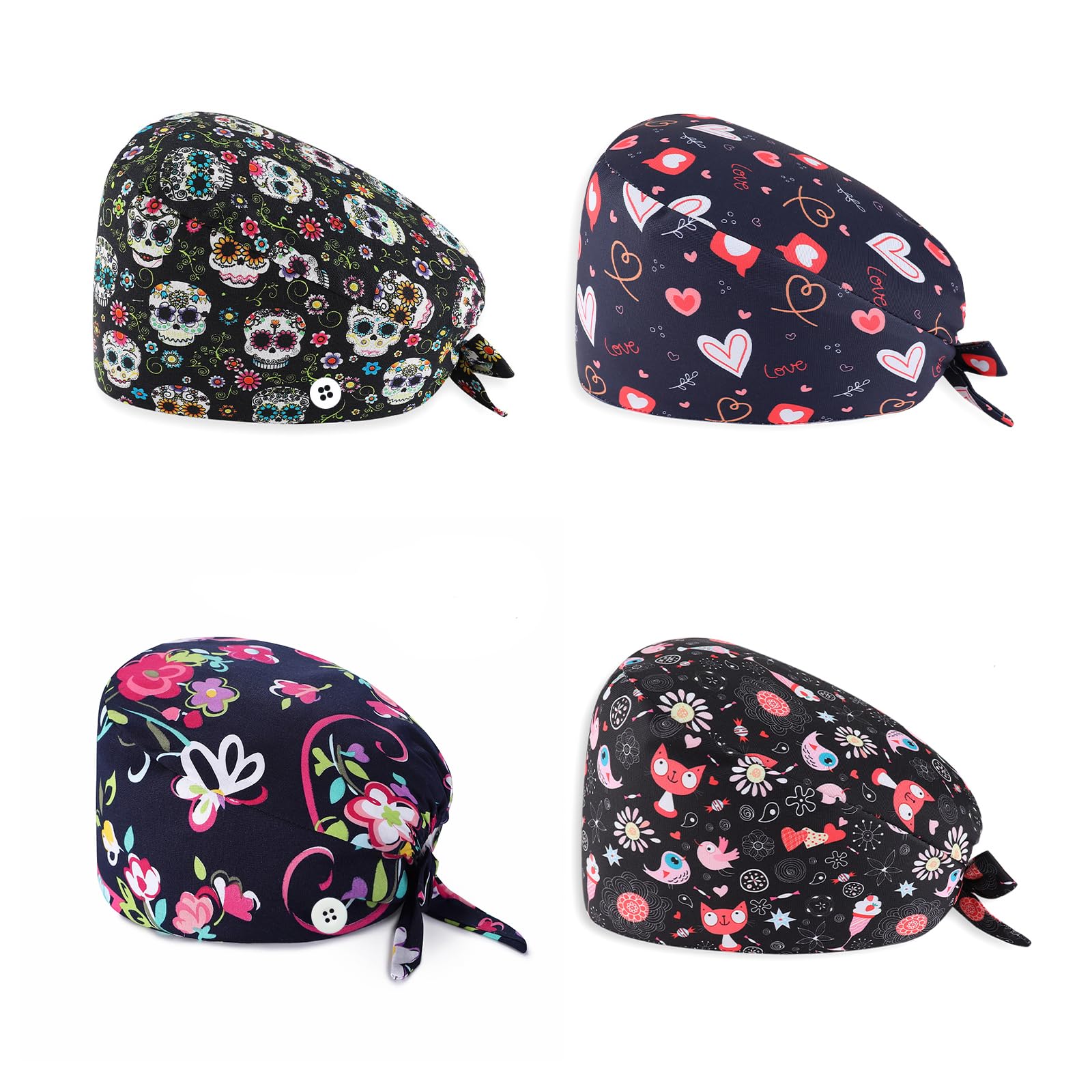 4 PCS Set Chapeaux de Travail Elastic Réglable Imprimé Coton Bonnet Chapeaux Turban Unisex Cotton avec Bandeau Absorbant