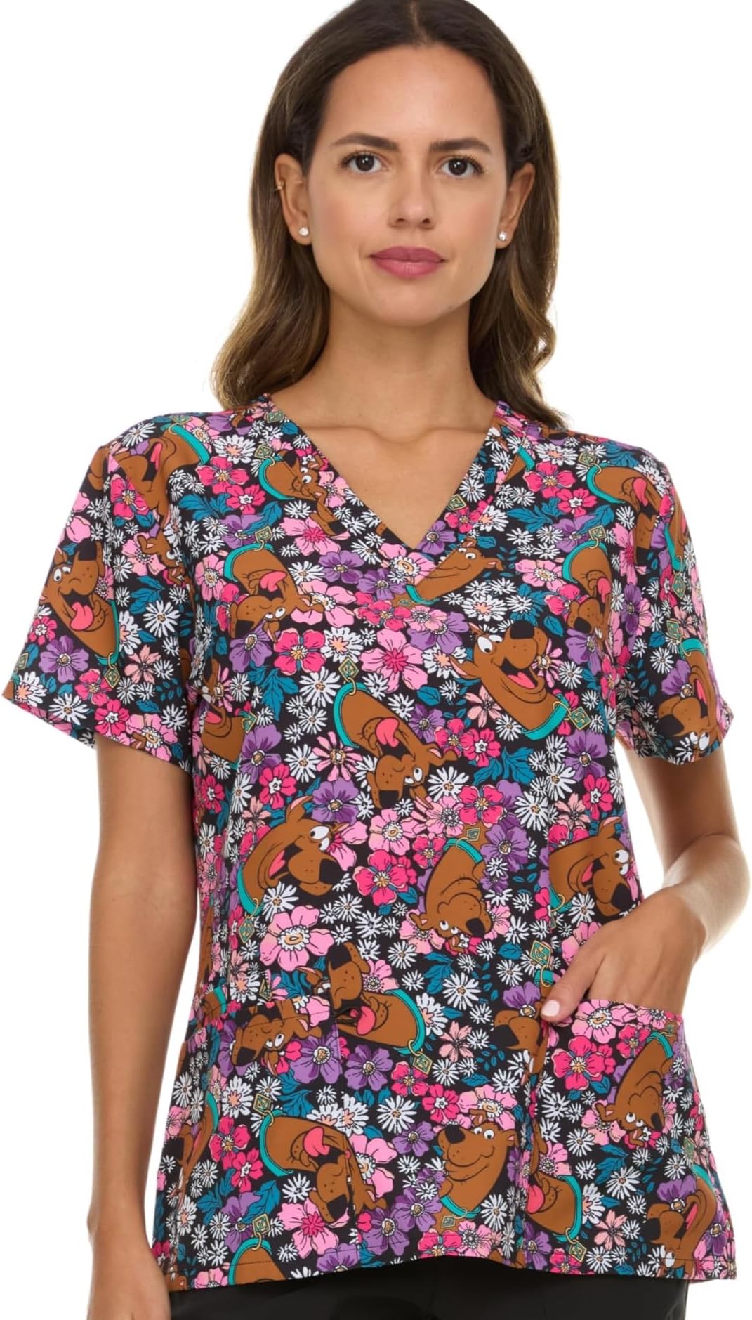 Scooby-Doo Women's All Over Print, V-Neck Scrub Top with Pockets - Comfortable Work Uniform