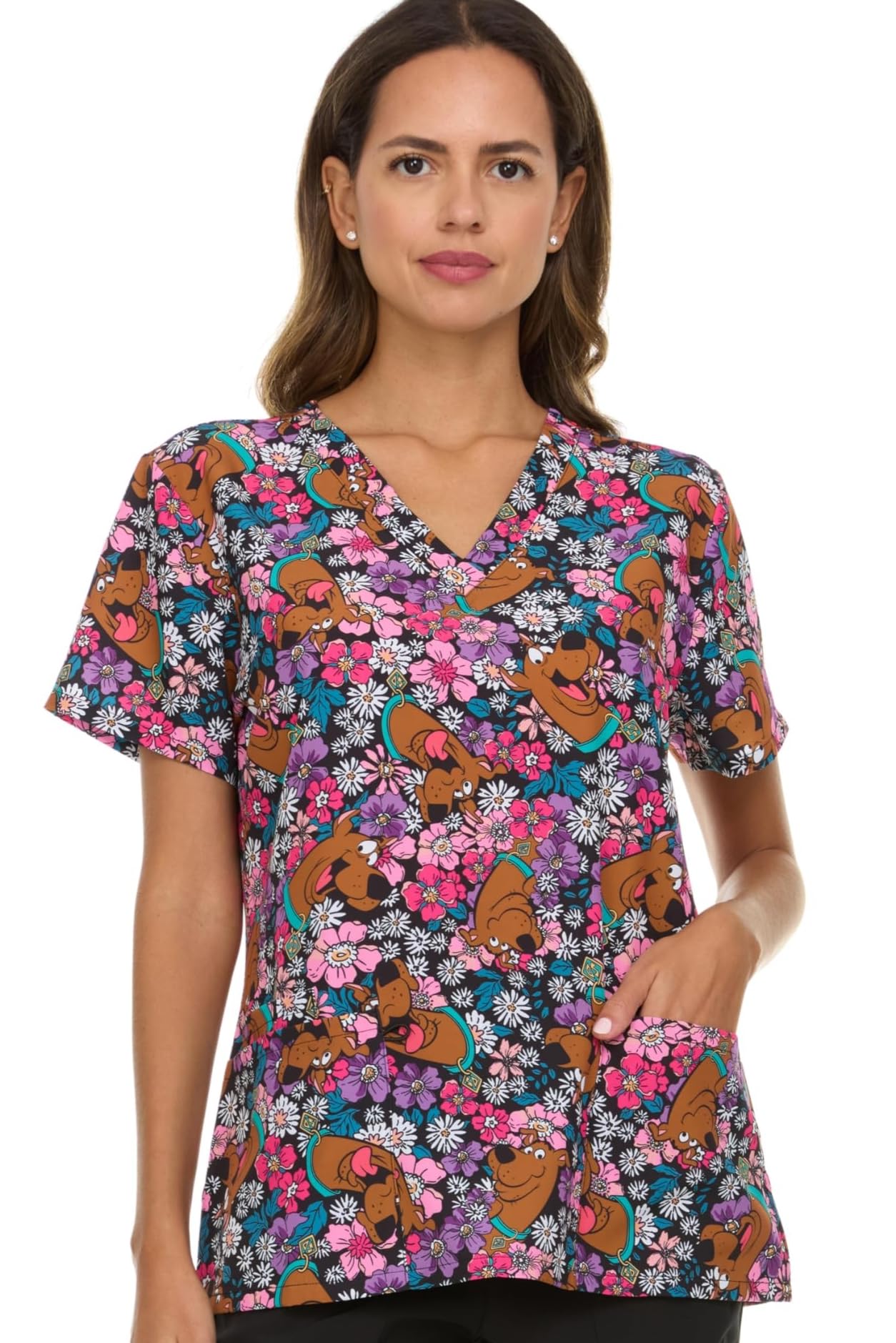COCO BRANDS Womens Scrub Tops - Scooby-Doo Short Sleeve V-Neck Medical Uniform Scrubs for Women (Sizes: S-XXL)