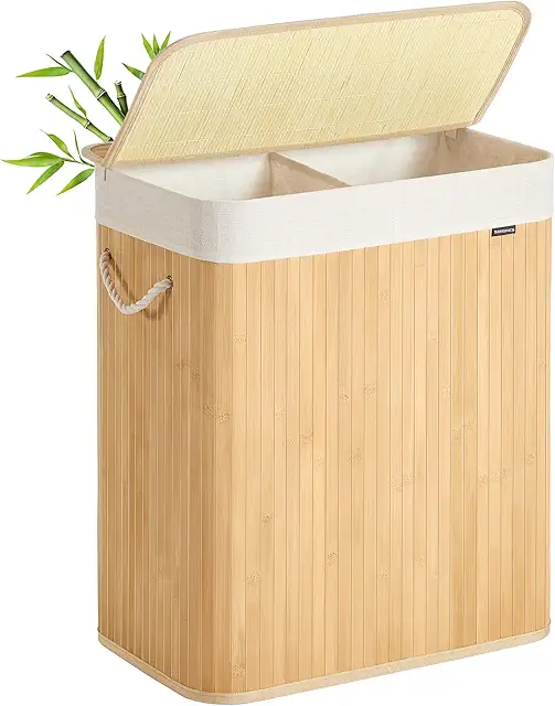 Cesto Ropa Sucia SONGMICS 100L con Tapa, 2 Clasificaciones, Bambú Plegable
