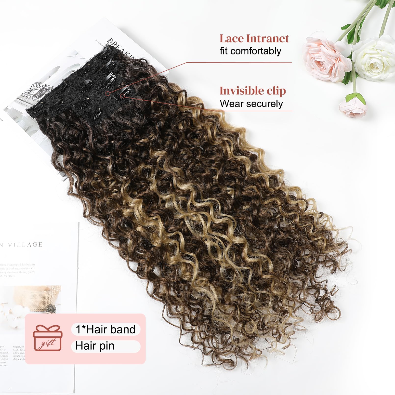 LONAI 4PC Clip in Hair Extensions, 100％ Pure Protein Silk Curly Hair Extension for Women, 26 Inch Long Soft Natural Hair Extensions-Medium Brown Ash Blonde Highlight