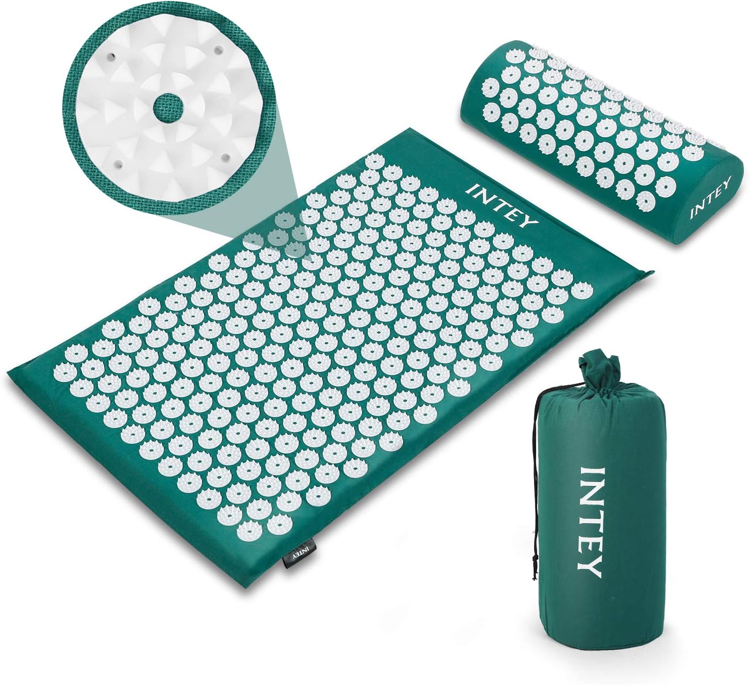 INTEY Wellness Therapy Acupressure Mat Set, Help Release Muscle Pain and Tension, Acupuncture Mat and Pillow Cushion for Back/Neck Massage with Carry Bag (Dark Green): Health & Personal Care