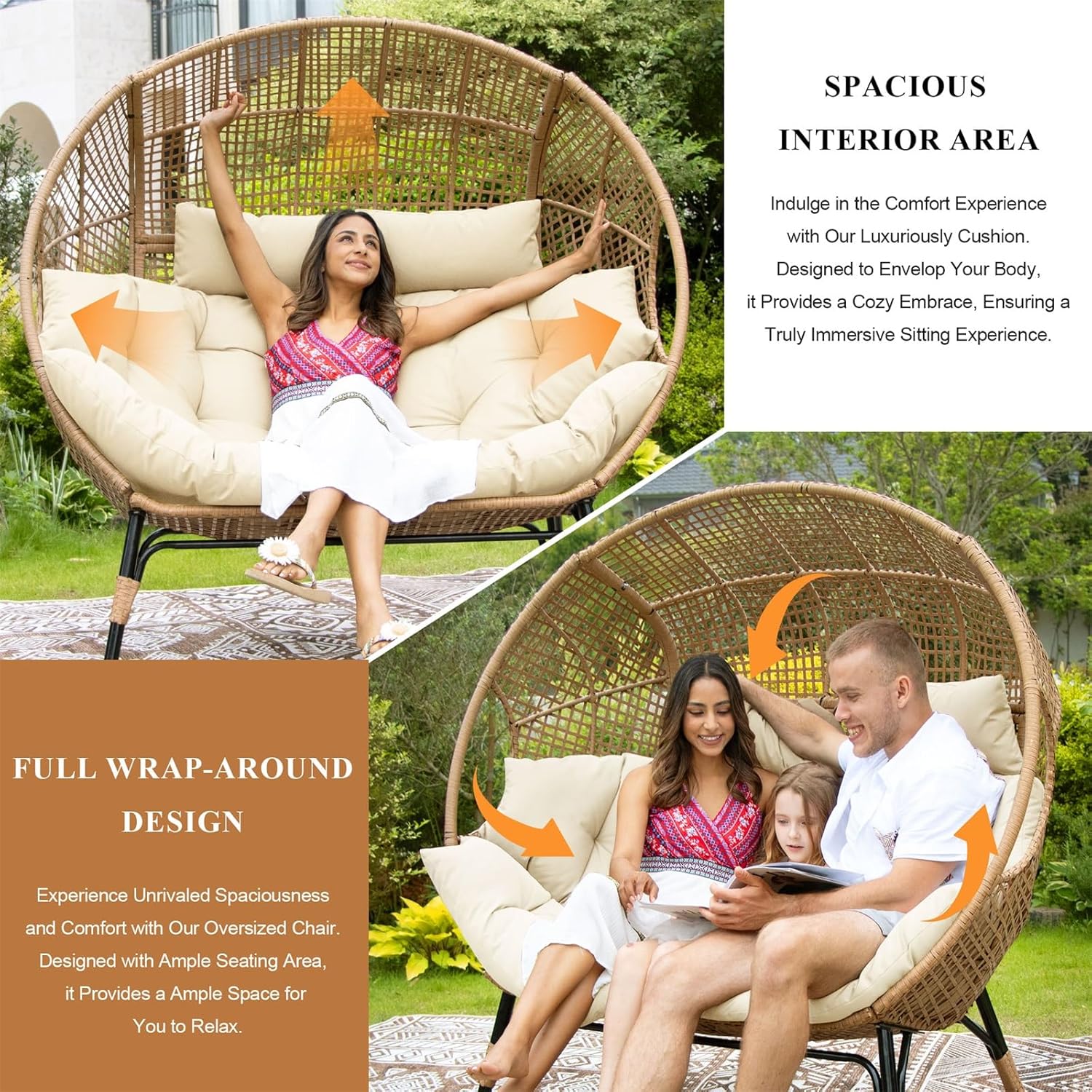 FINCATI Indoor Outdoor Double Egg Chair, 2 Person Oversized Wicker Rattan Stationary Lounge Chair with Legs, Loveseat Boho Egg Basket Chairs for Patio Garden Backyard Living Room Beige