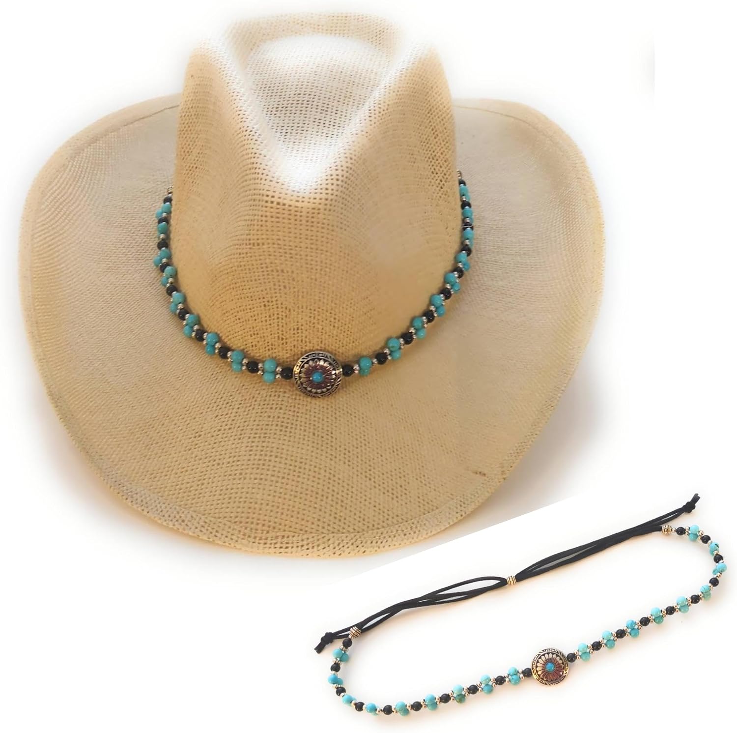 Native Sunflower Concho Hatband Turquoise Onyx Gemstone Micro Suede Leather Adjustable One Size Western Cowboy Straw Fedora Panama Brim Hats