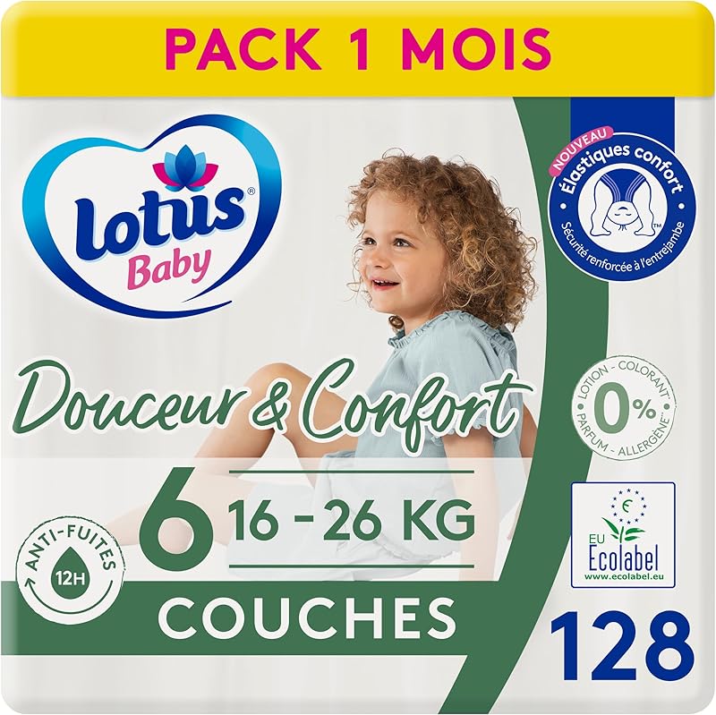 Lotus Baby Douceur & Confort - Couches Taille 6 (16-26 kg) Pack 1 mois - 128 couches