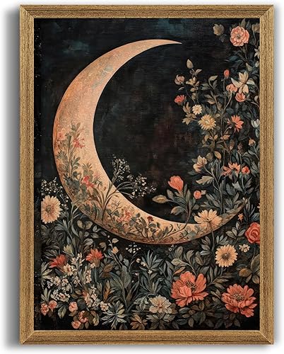 Lienzo decorativo para pared, diseño de luna y flores góticas, decoración de pared vintage de academia oscura de bruja, impresiones de póster de