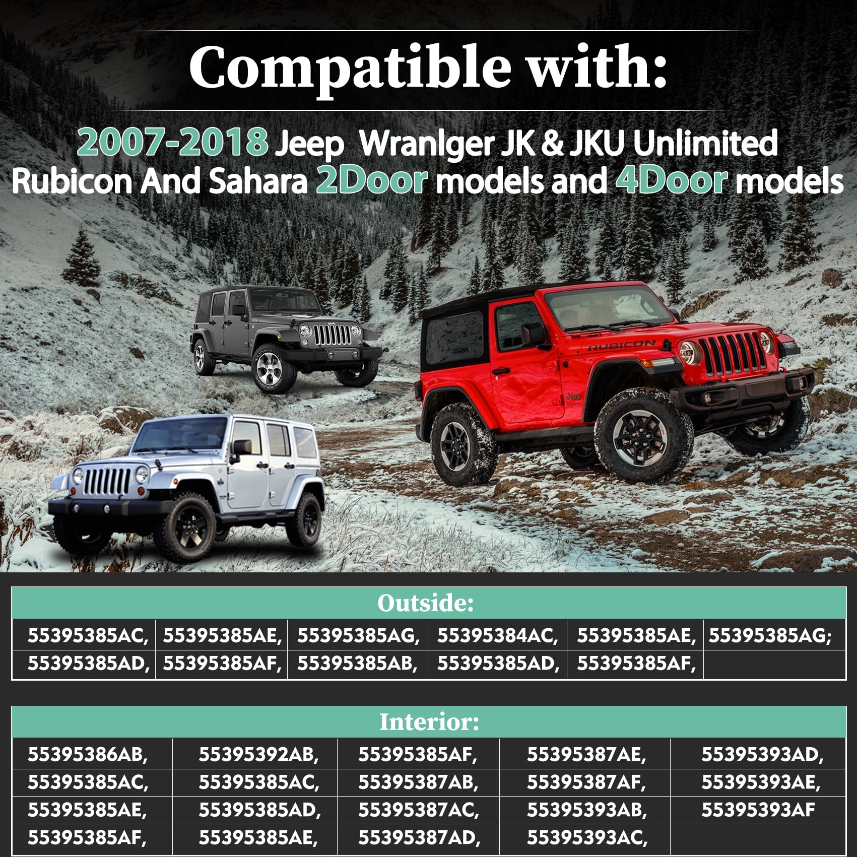Jeep Wrangler JK Außen-4-Tür-Scharnier-Kits, kompatibel mit Jeep Wrangler JK JKU Rubicon Unlimited Saraha (außen 4-Türer), Jeep Wrangler JK JKU Außen-4-Tür-Scharnier, 8 Stück mit 16 Bolzen