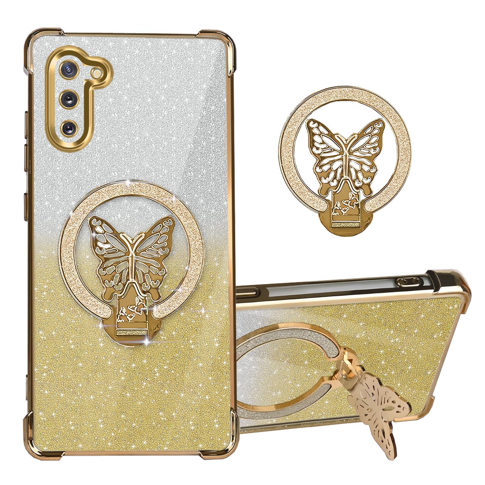 ZFDZYLT for Galaxy Note 10 Case with Butterfly Stand Compatible with Magsafe, Women Girls Bling Luxury Glitter Clear Phone Case Shockproof Protective