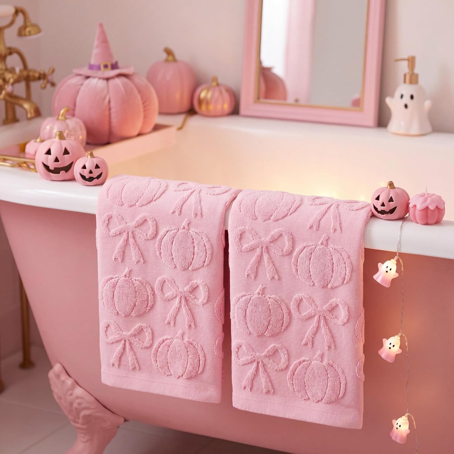 SmoothNovelty 2 Pcs Pink Pumpkin Bow Hand Towels for Bathroom 100% Cotton