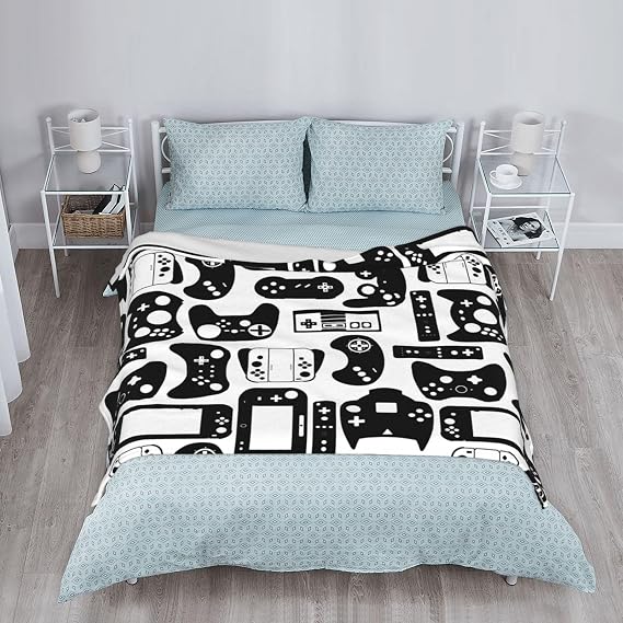 Video Game Gaming Black White Gamer Throw Blanket Soft Bed Bedding Warm Cozy Plush Flannel Fleece Blankets Gifts for Boys Teens Men, Sofa Couch Bedroom Home Decor, 80