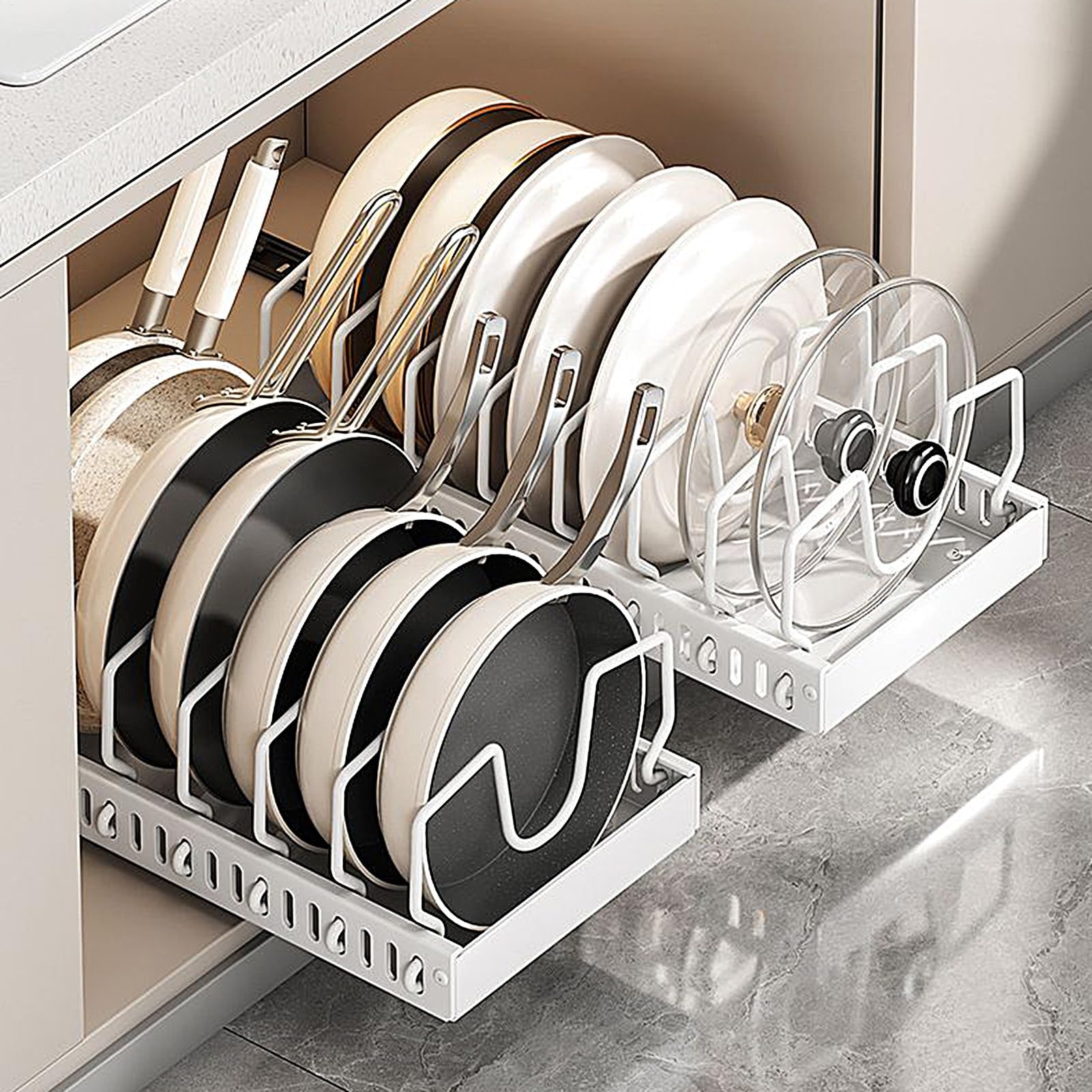 Organizer per coperchi – Mensola da cucina in acciaio al carbonio da 16 | 54 pollici, organizer regolabile con puleggia, supporto autoadesivo per pentole, pentole, stoviglie, utensili, armadietti, sp