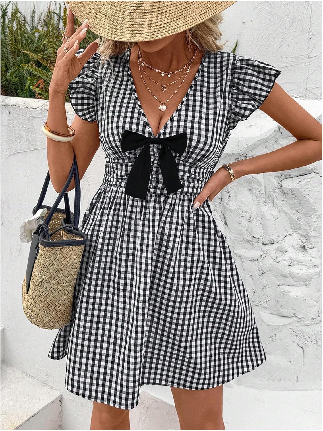 Floerns Women's Going Out Bow V Neck Gingham Dress Ruffle Cap Sleeve A Line Short Dresses - Image 4