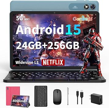 Android Tablet with Keyboard, 2026 Upgraded Android 16 tablet with 24GB+256GB+2TB Expand, 10 inch Tablet PC with 8-Core, Gemini AI, WiFi, 8000mAh, GPS, 2-in-1 Tablet with Case/Mouse/StylusPink Case