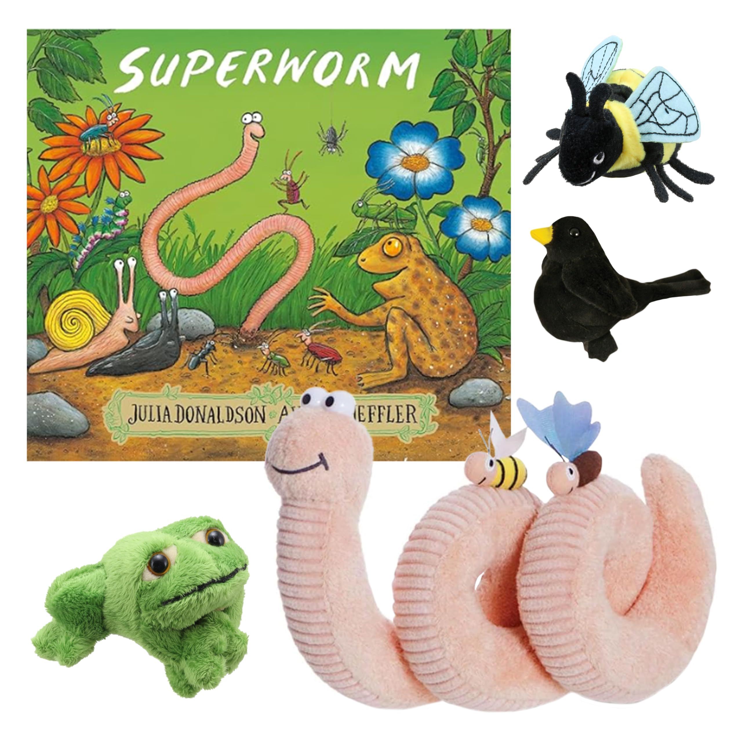 Superworm Book by Julia Donaldson, Includes official Superworm Soft Toy, Bumblebee, Blackbird, & Frog Finger Puppets by The Puppet Company, Perfect for Interactive Play & Storytime
