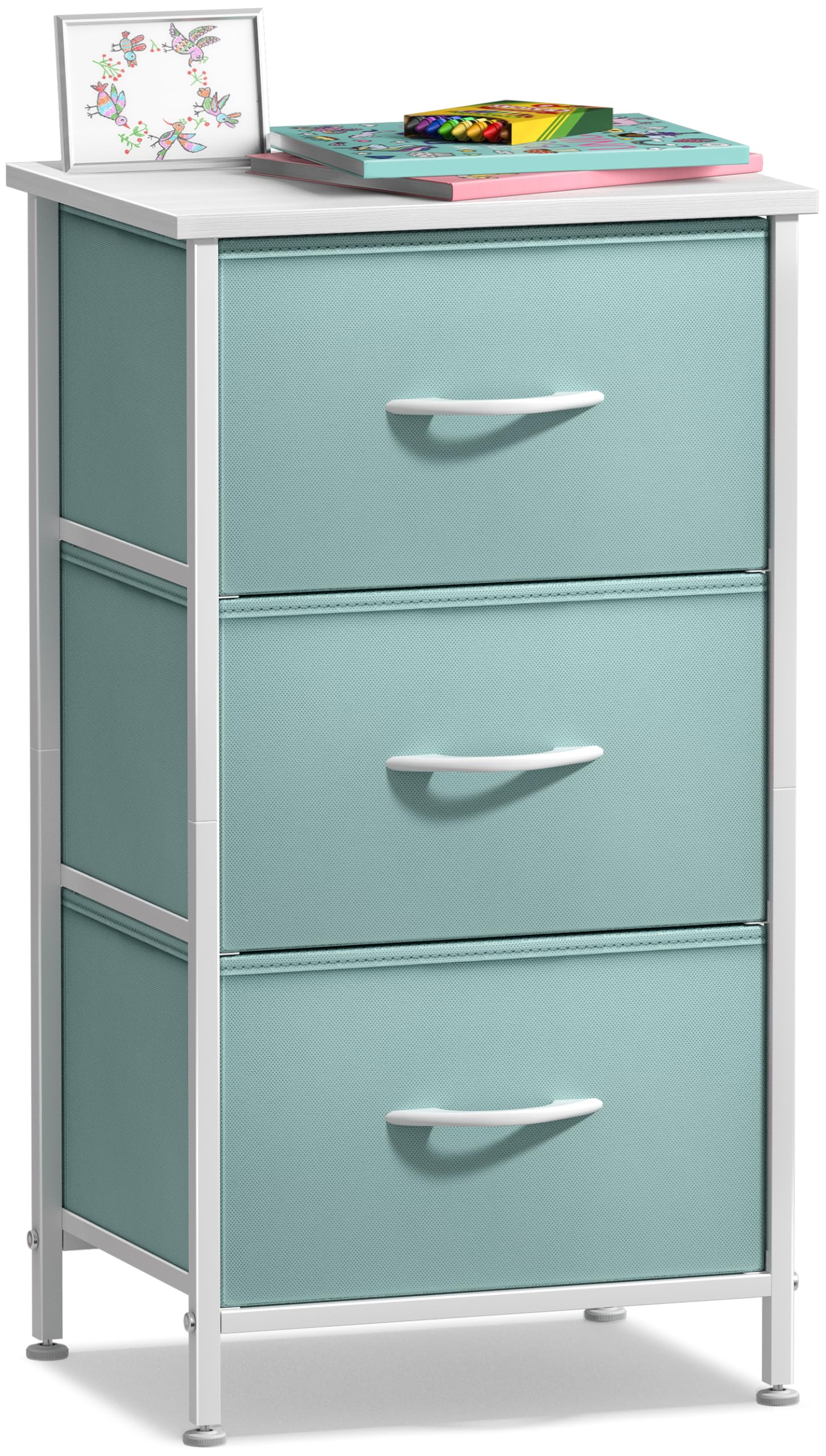 Sorbus Nightstand with 3 Drawers - Bedside Furniture & Accent End Table Chest for Home, Bedroom Accessories, Office, College Dorm, Steel Frame, Wood Top, Pastel Fabric Bins (Aqua)
