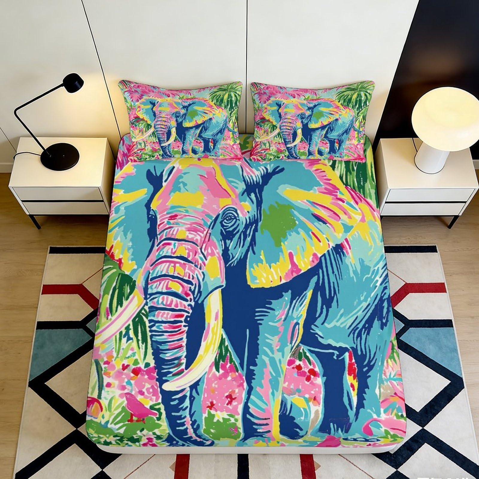 Tjiqhvmrn Style-10 3D Printed Colorful Elephant Fitted Sheet Microfiber Deep Pocket Non-Slip All Wrapped Elephant Mattress Fitted Cover For Bedroom 90X200x25cm
