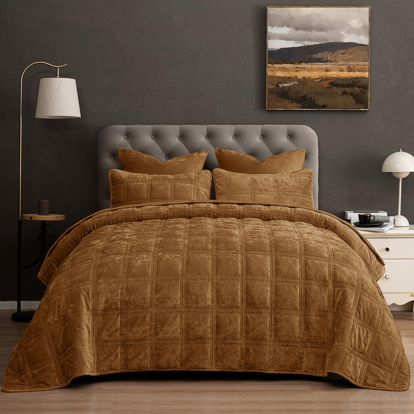 phf ultra soft velvet quilt set queen size - 3pcs luxurious cozy quilted comforter alternative with diamond pattern, warm quilted bedspread coverlet, 90" x 92", rusty burnt orange