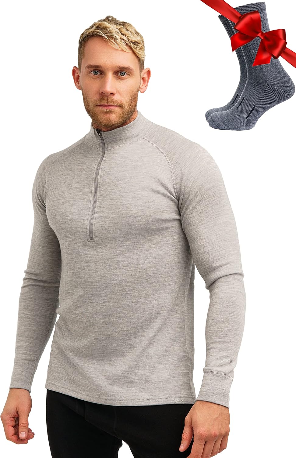 merino wool base layer men quarter zip detail and fabric