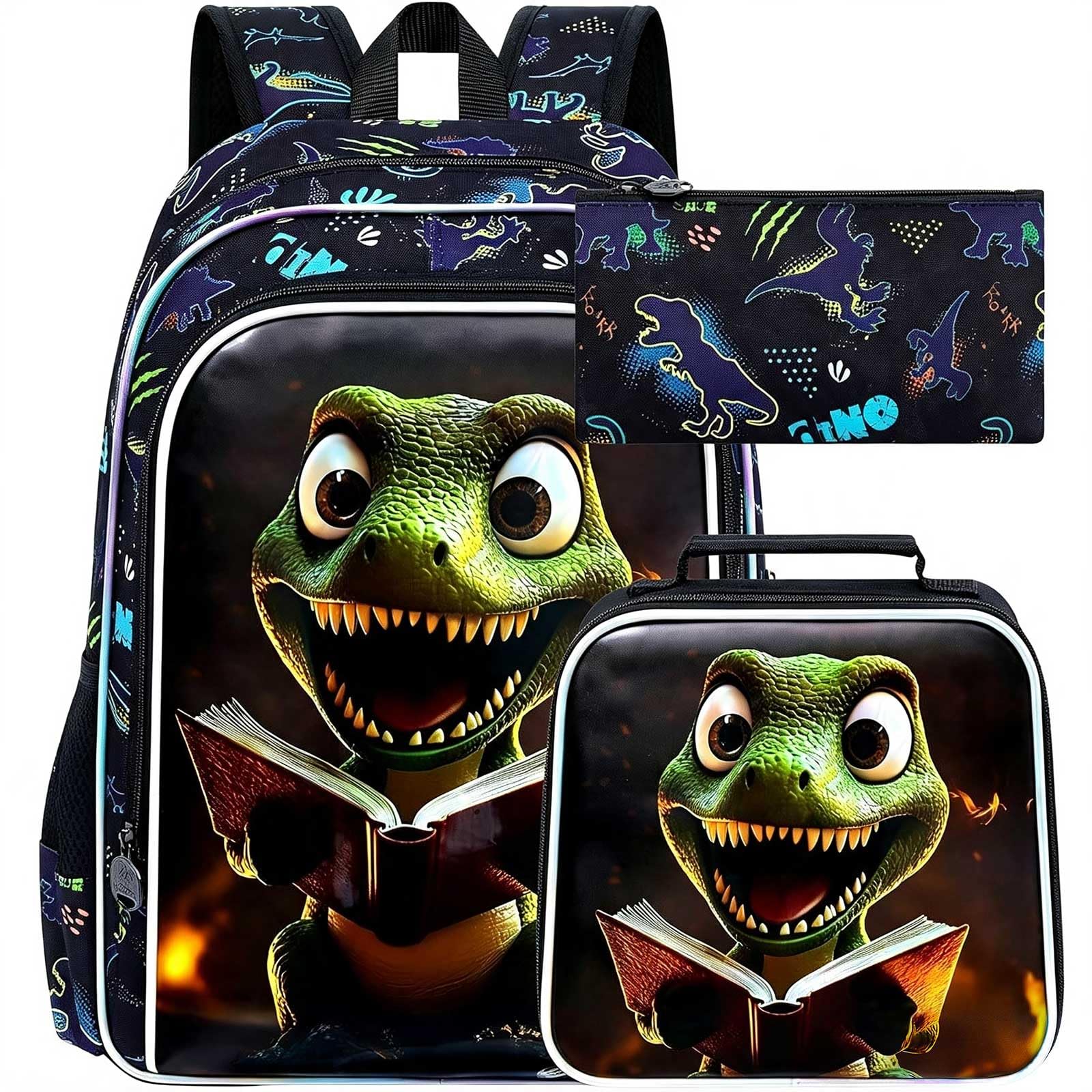3Pcs Dinosaur Backpack for Boy, 16" Bookbag for Elementary Preschool Kindergarten, Kids School Backpacks with Lunch Box (Black)