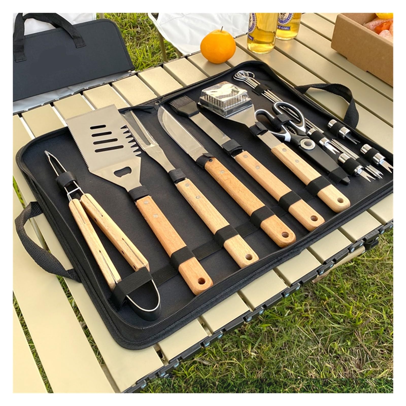 Generisch Outdoor-Camping-Grillbesteck-Set: Holzgabel, Schaufel, Clip, Grillzubehör, Stofftasche, Edelstahlgrill(16 in 1)