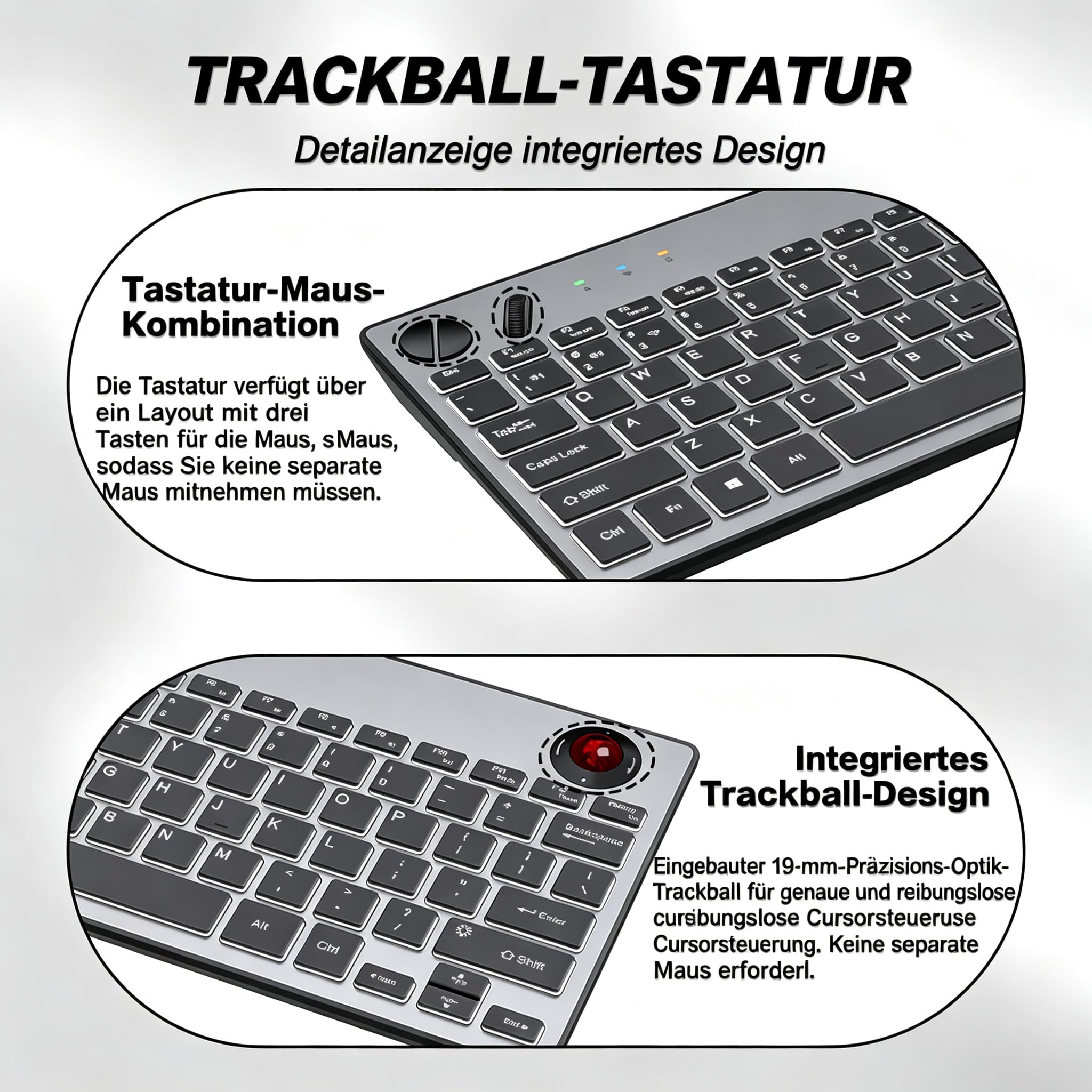 JOMAA Clavier trackball sans fil rétroéclairé à trois modes, 78 touches, 800-1600 CPI réglable, ergonomique, rechargeable, silencieux Bluetooth 5.4/2.4G/filaire