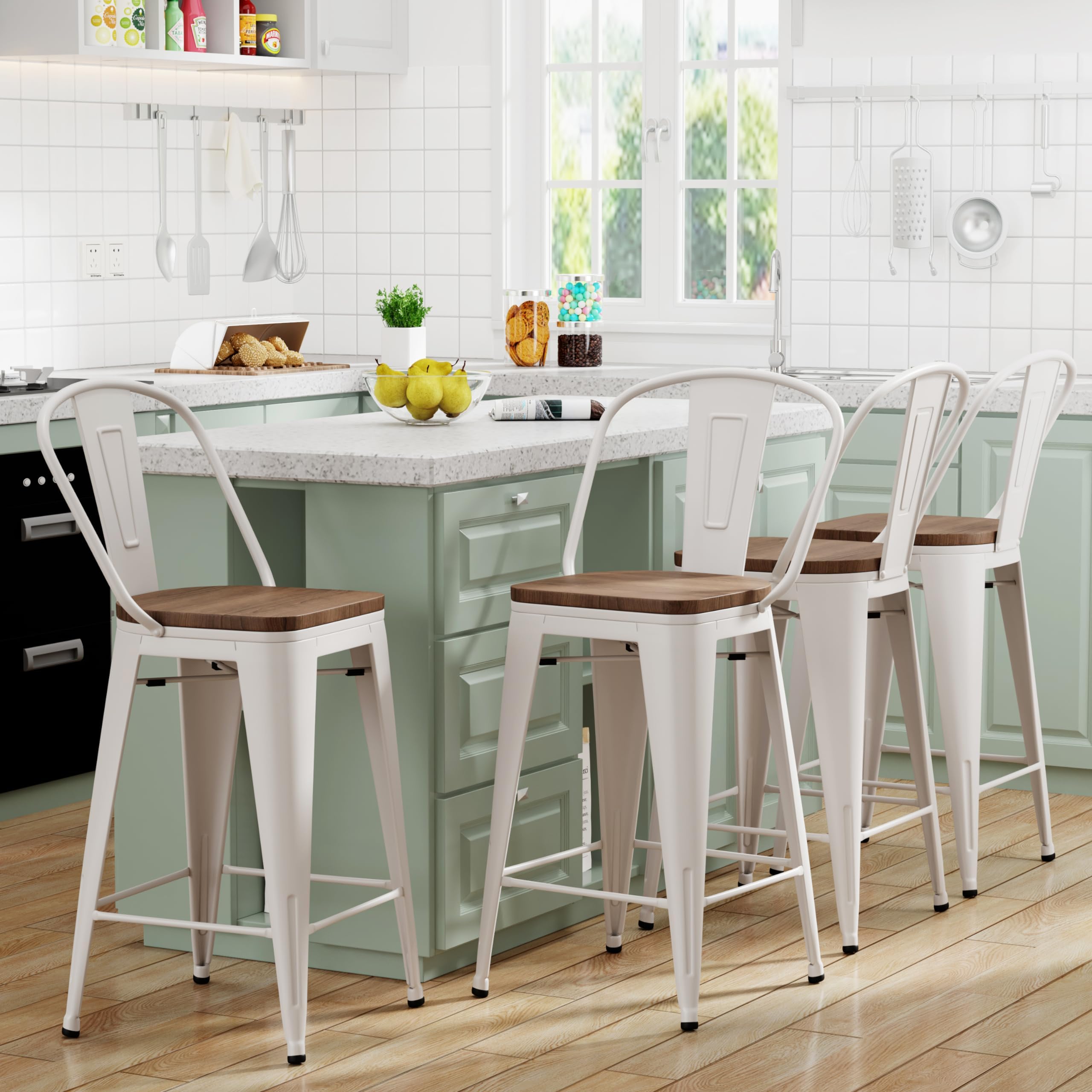 Yongqiang 24 inch Bar Stools Set of 4, White Counter Height Barstools with High Back Modern Farmhouse Kitchen Metal Bar Chairs with Large Wooden Seat
