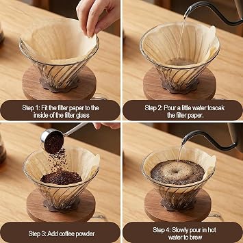Pour Over Coffee Maker, 600ml/20oz Borosilicate Glass Carafe with Paper Filters, Walnut Base & Glass Lid, Holds 3 Cups, Ideal for Home, Café or Camping