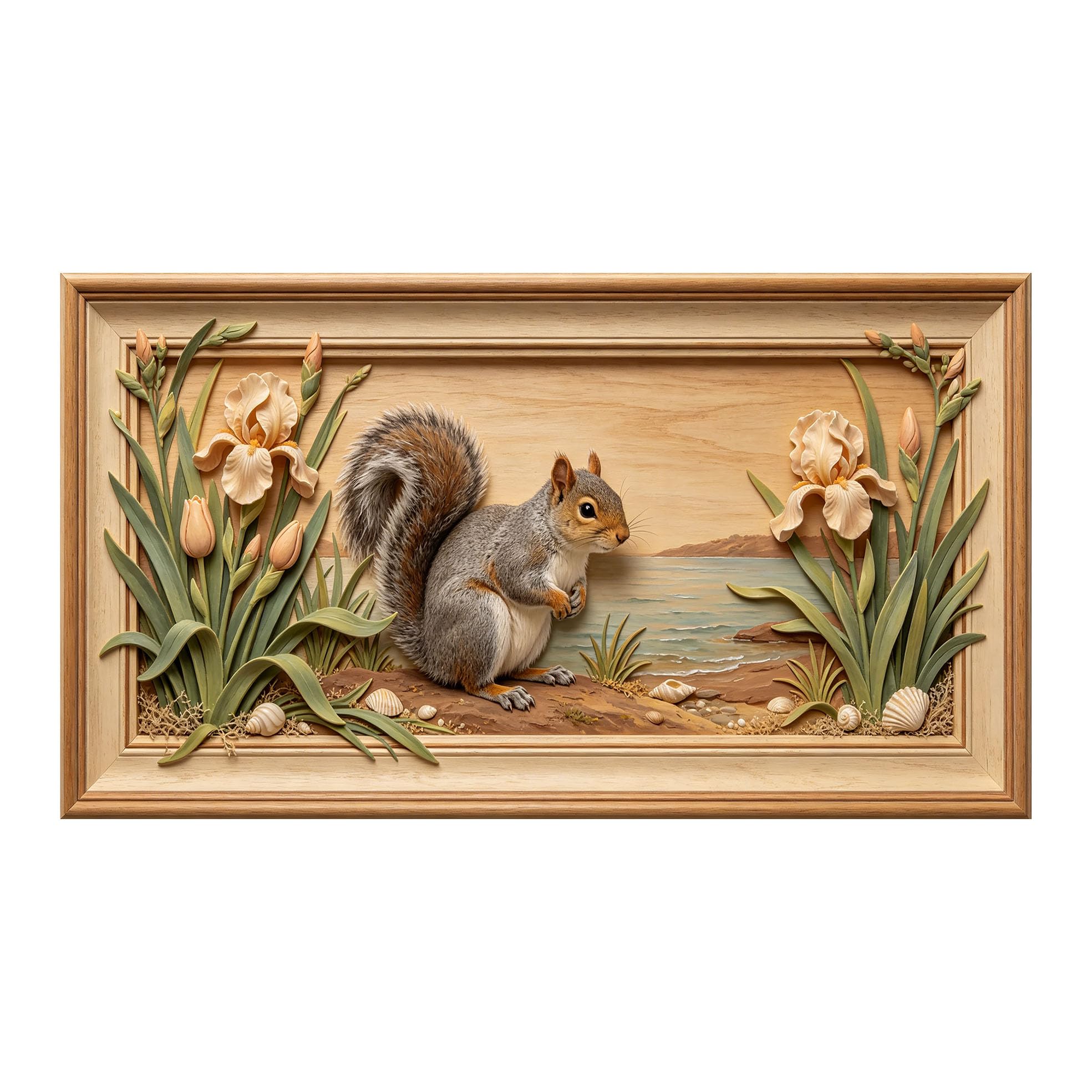 Murasolite 3D 3D Framed Wall Art 50cm×90cm Coastal Beach Landscape Squirrel Floral Relief Effect SelfAdhesive Fabric Mural Wall Decor, Peel and Stick No Damage to Wall for Bedroom Living Room
