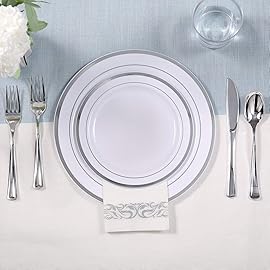 FOCUSLINE 350 Ct Disposable Dinnerware Set for 50 Guests -Heavy Duty Plastic Plates with Silver Rim, Includes 50 Dinner & Salad Plates, Cups, Napkins, Cutlery Set