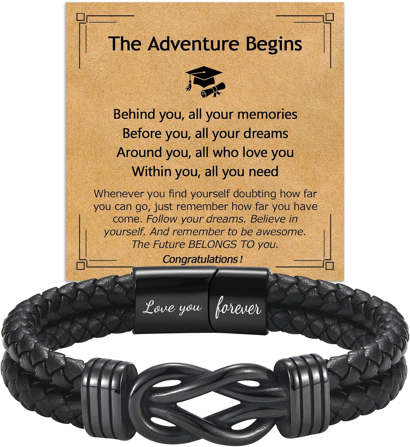 EPIRORA Graduation Gifts Bracelet for Him -Black Braided Leather Infinity Knot Bracelets for Men, Cool Class of 2026 Grad Gifts for 5th Grade | 8th Grade | Middle School | College | Master Degree