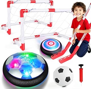 3-in-1 LED Hover Soccer & Hockey Ball Set with Red White Goals - Safe Indoor Sports Toy for Kids 4-12, Easter Birthday Gift