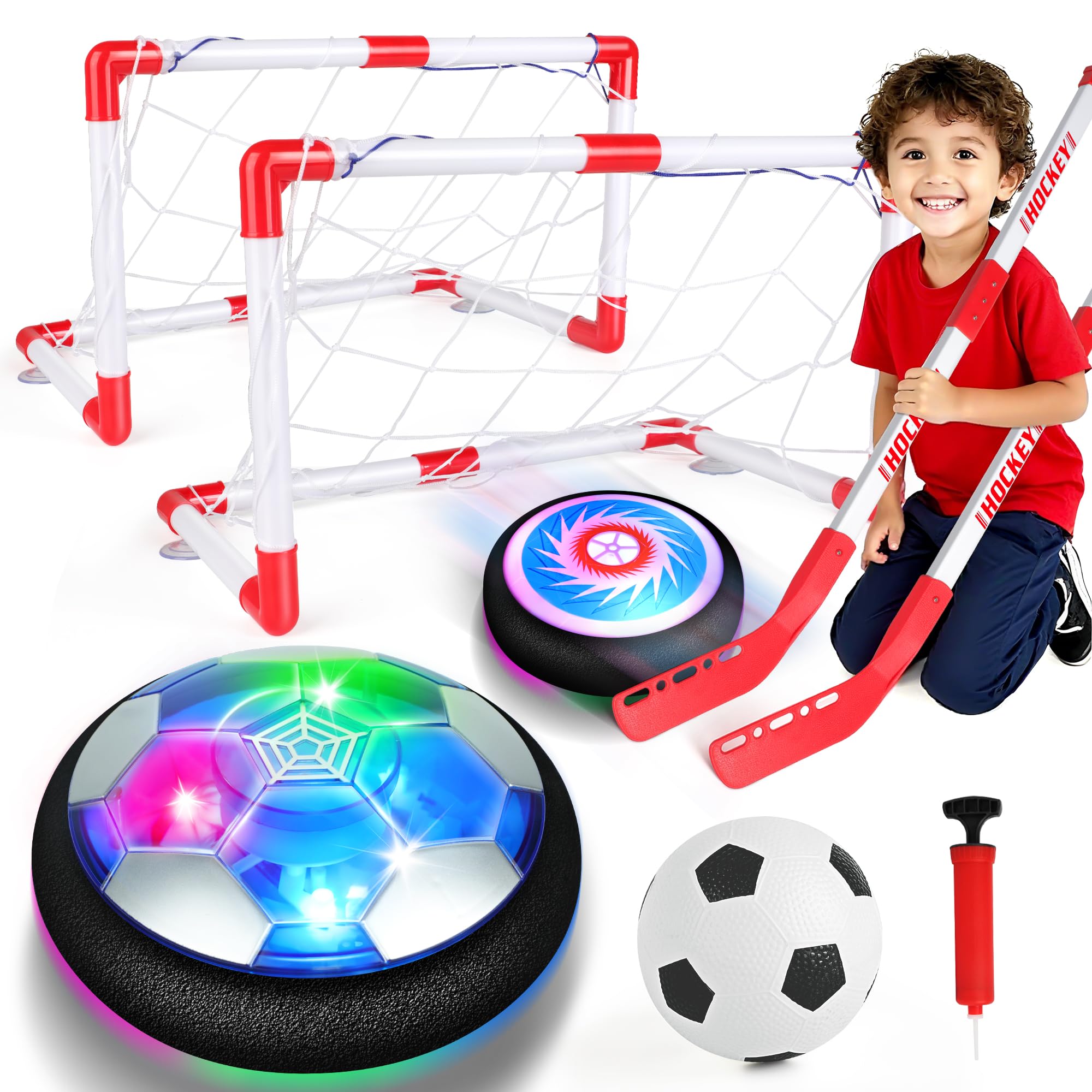 Billeeit 3-in-1 Hover Soccer Ball Set, Including 2 LED Hover Hockey and Soccer Ball Toys, Indoor Red & White Goals, Sports Game Toy, Soccer Gift for 4-8, 8-12 Years Old Boys