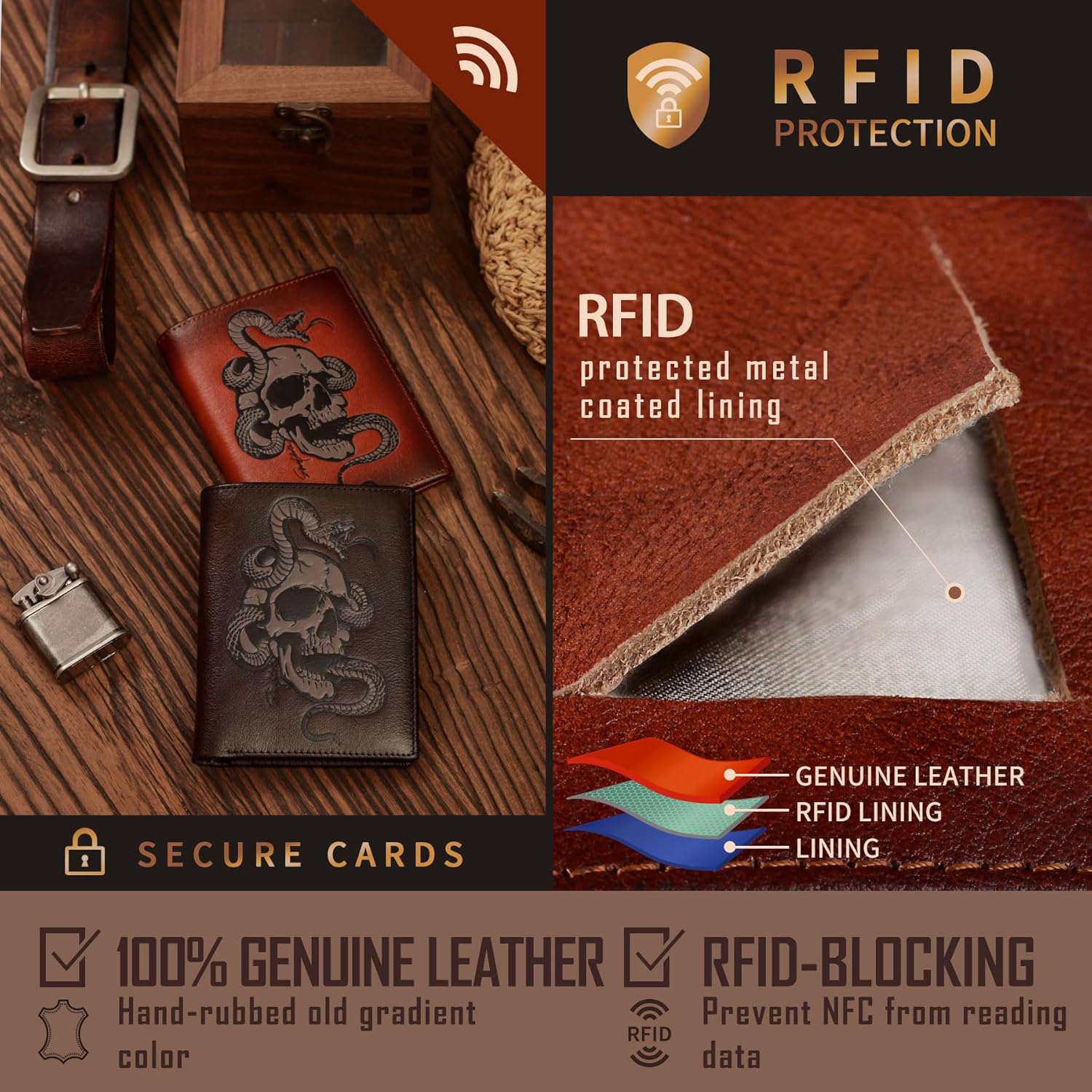 Skull Wallets For Men,Cool Mens Wallet Leather,Vertical Bifold RFID Blocking Wallets,Gifts for Him Husband and Boyfriend Gift (Black) image 5 of 6 B0DF2FFGR7