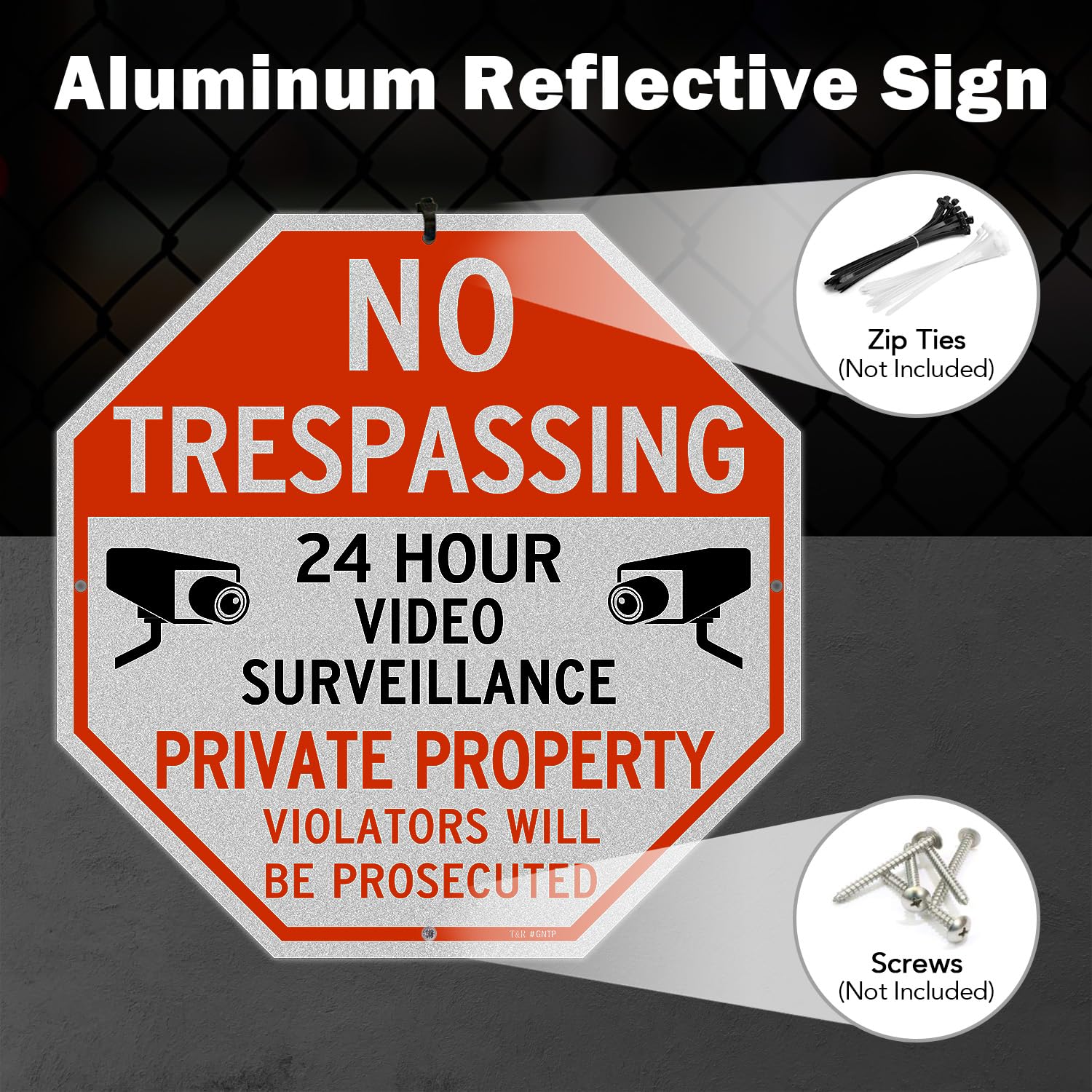 T&R Letrero grande de vigilancia de propiedad privada con texto en inglés "No Trespassing Private Property", paquete de 4, 12 x 12 pulgadas, aluminio pesado libre de óxido, reflectante, impermeable