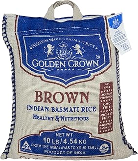 Golden Crown Indian Brown Basmati Rice - 160 oz (10LB) | Tasty and Delicious, Flavorful Non Sticky Whole Grains | Naturally Aged Long Grain Aromatic Rice | Non-GMO, Healthy Source of Fiber