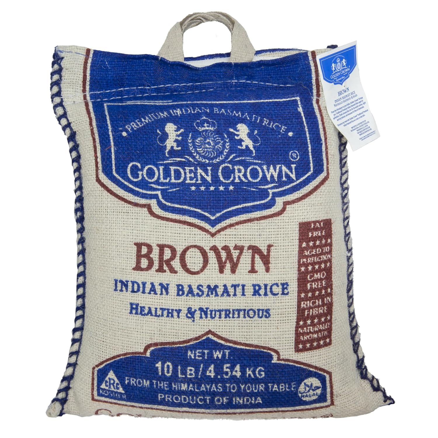 Golden Crown Indian Brown Basmati Rice - 160 oz (10LB) | Tasty and Delicious, Flavorful Non Sticky Whole Grains | Naturally Aged Long Grain Aromatic Rice | Non-GMO, Healthy Source of Fiber