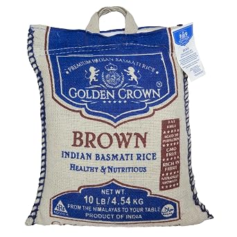 Golden Crown Indian Brown Basmati Rice - 160 oz 10LB | Tasty and Delicious, Flavorful Non Sticky Whole Grains | Naturally Aged Long Grain Aromatic Rice | Non-GMO, Healthy Source of Fiber