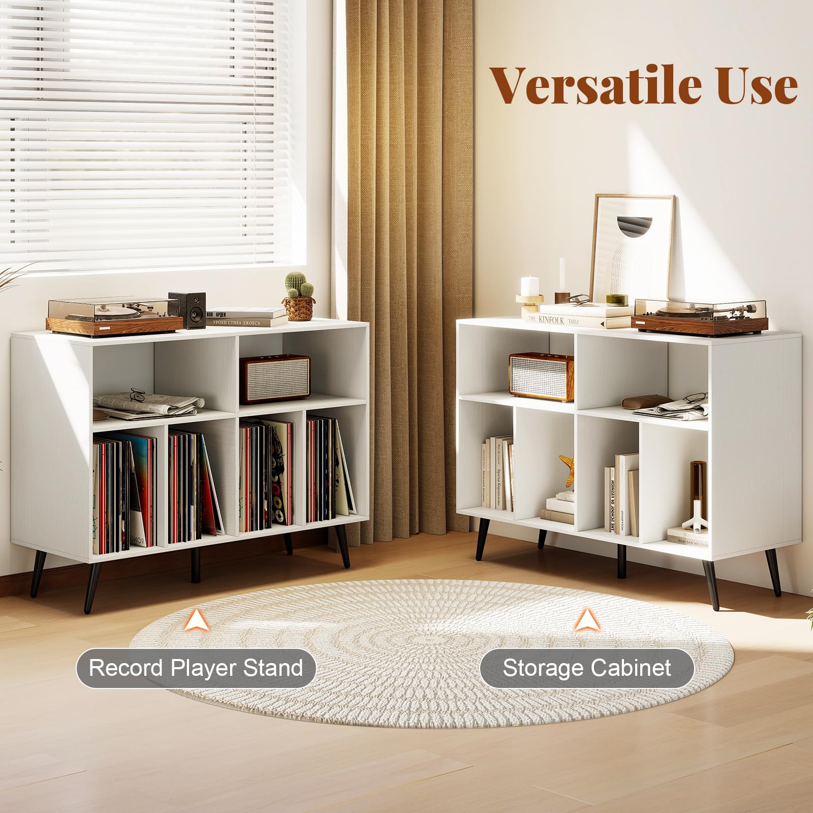 GIANTEX Supporto per giradischi in vinile, grande piano di lavoro, 6 scomparti, armadio a dischi in vinile, kit anti-ribaltamento, per soggiorno, camera da letto (bianco, senza stazione di ricarica)