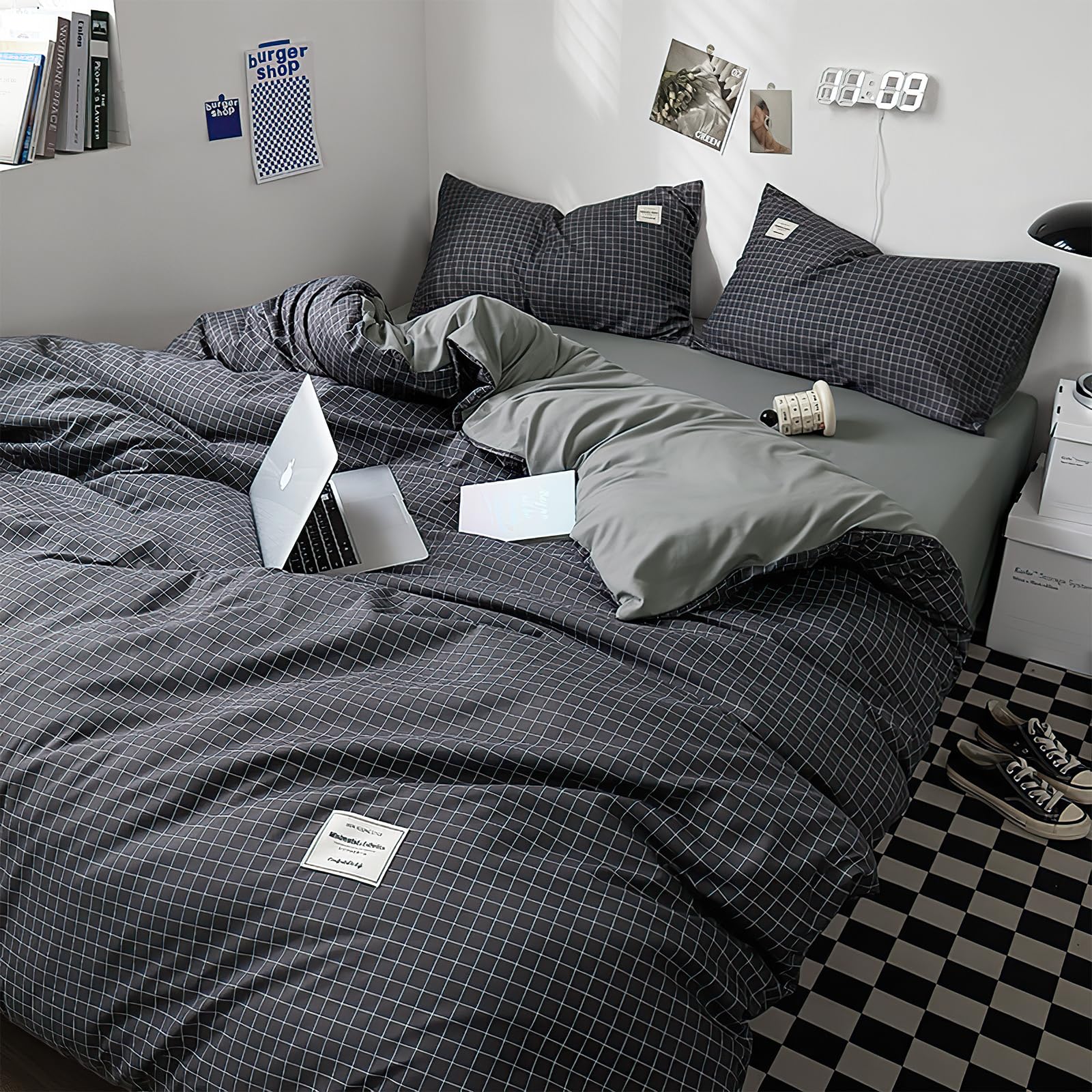 UCHUANG Duvet Cover Set King Size 4 Pcs, 100% Washed Cotton Ultra Soft Bedding Set, Include 1 Quilt Cover 220 x 240cm & 2 Pillow Cases 48 x 74cm & 1 Bedsheet 235 x 250cm for 2m Bed - Black/Plaid