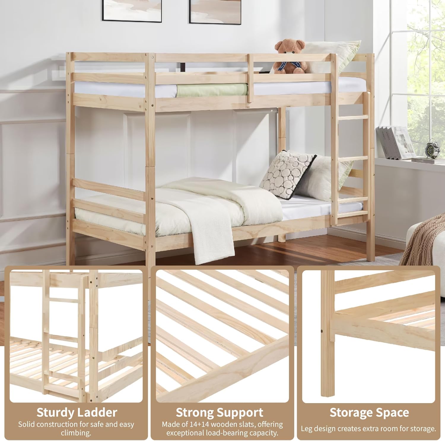 Twin Over Twin Bunk Bed with Ladder,Wooden Bunk Bed with High Guardrail and Ladder for Kids, Teens, Dorm Rooms, and Guest Rooms,No Box Spring Needed,White