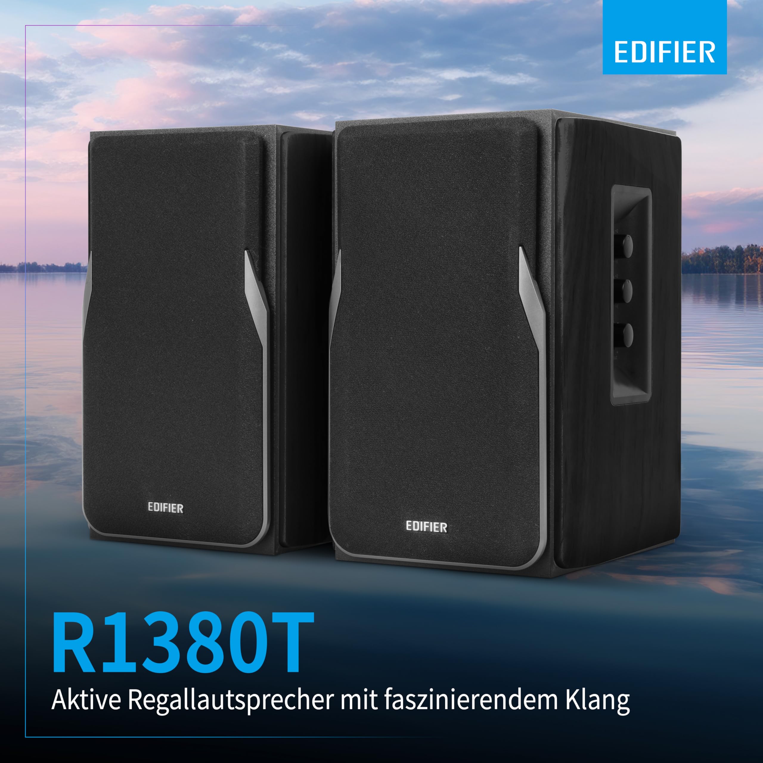 EDIFIER Studio R1380T 2.0 Regallautsprecher-System (42 Watt) im Echtholzgehäuse (MDF). Zwei LINE IN Anschlüsse. Infrarot-Fernbedienung und seitliche Bedienelemente für Bässe, Höhen und Lautstärke.