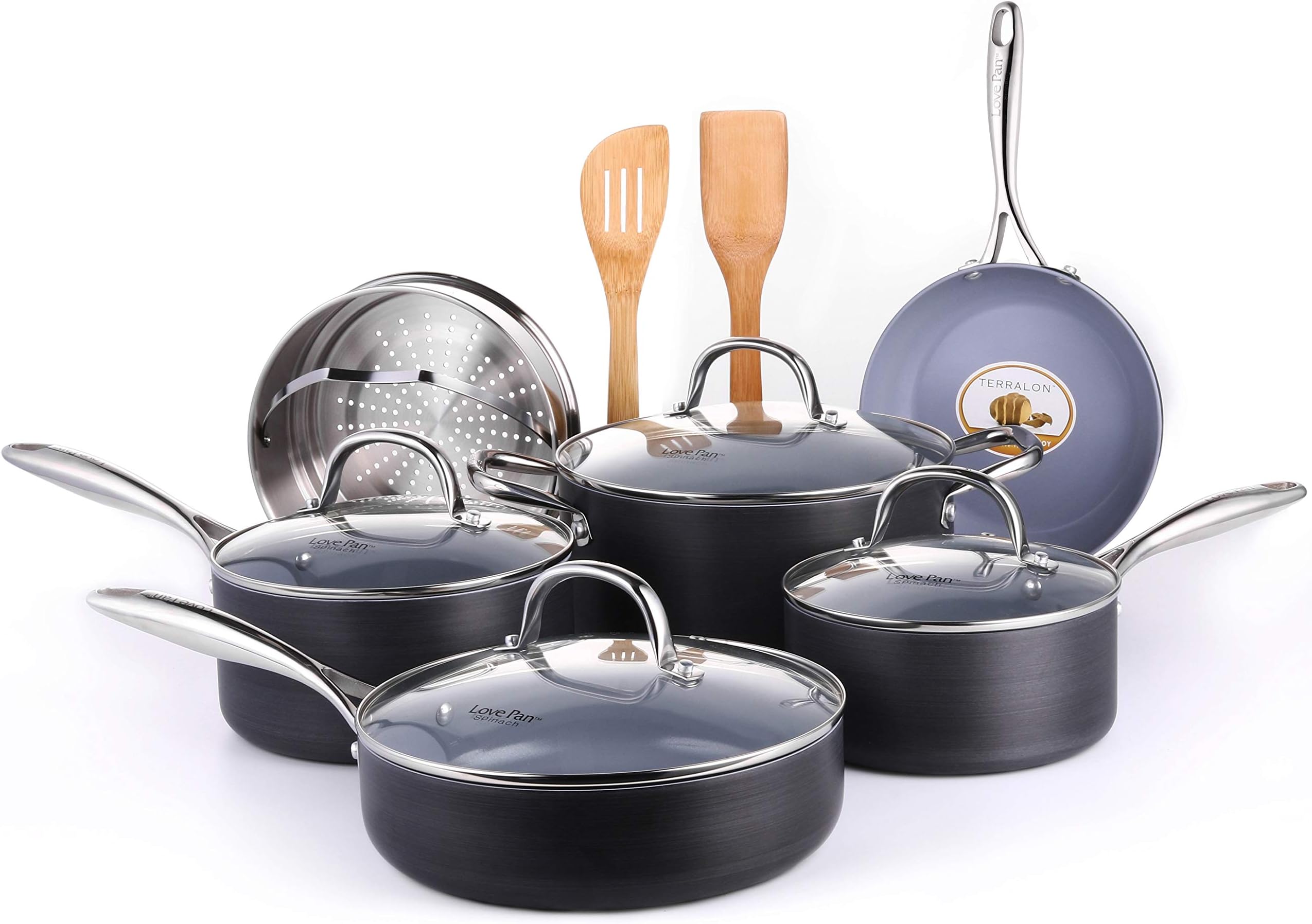 COOKSMARK 12-Piece Gery Ceramic Nonstick Pots and Pans Set Scratch Resistant Hard Anodized Exterior Cookware Set with Bamboo Kitchen Utensils and Steamer Racker Balck