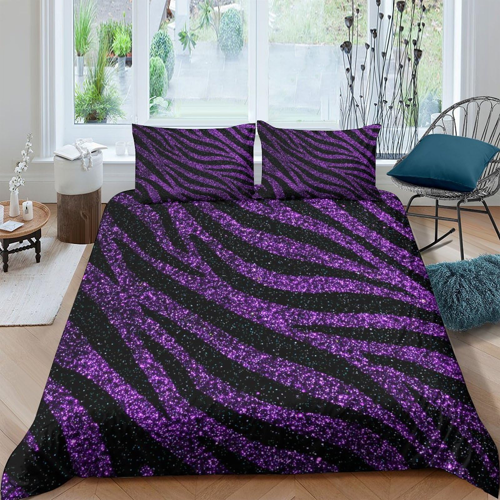 Ctjqhvkz Style-7 3D Printed Purple Glitter Zebra Fitted Sheet Microfiber Soft Bedroom Decor Black Striped Mattress Cover Single（135X200cm）