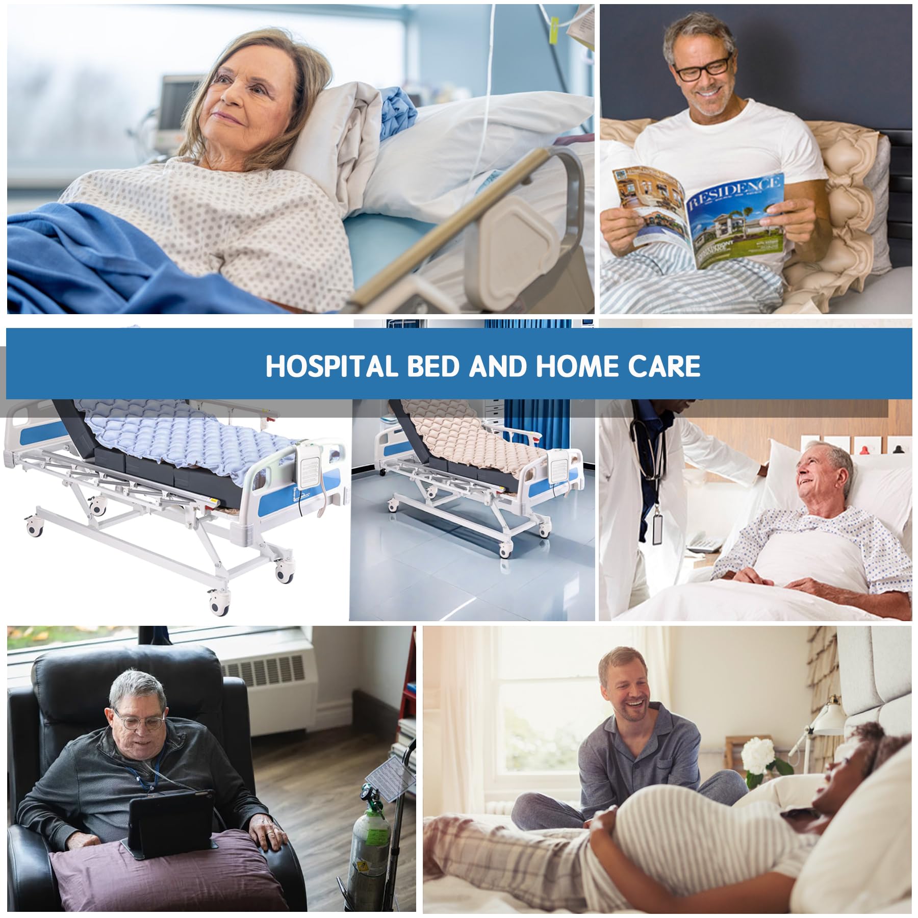 Matelas Anti Escarre Alternée - Prévention des escarres, Matelas à Pression d'air pour Lits d'hôpitaux et Lits d'habitation avec Pompe à Pression alternée, Bleu